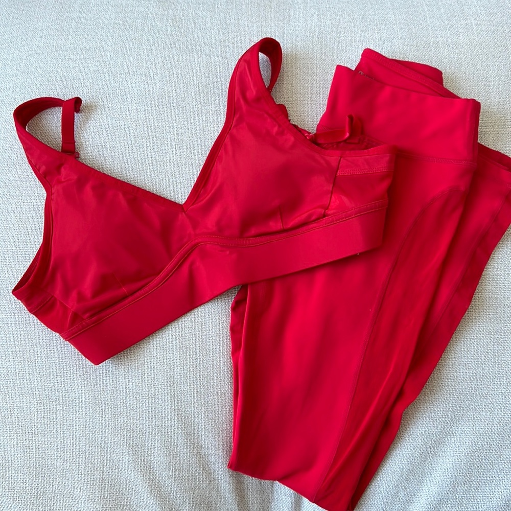 Fabletics red leggings set with mesh detail